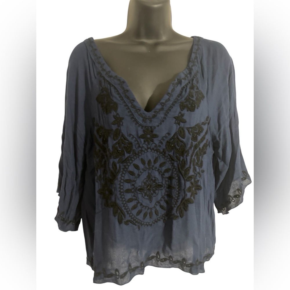 Women's Navy Embroidered Peasant Top